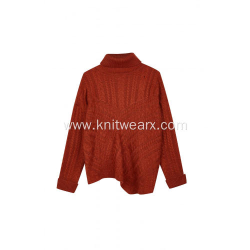 Women's Knitted Turtleneck Cable Asymmetric Hem Pullover